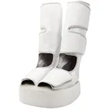 Tall white platform shoes with open toes and adjustable calf straps, featuring a padded design for comfort and support.