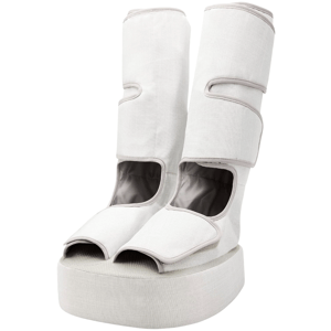 Tall white platform shoes with open toes and adjustable calf straps, featuring a padded design for comfort and support.