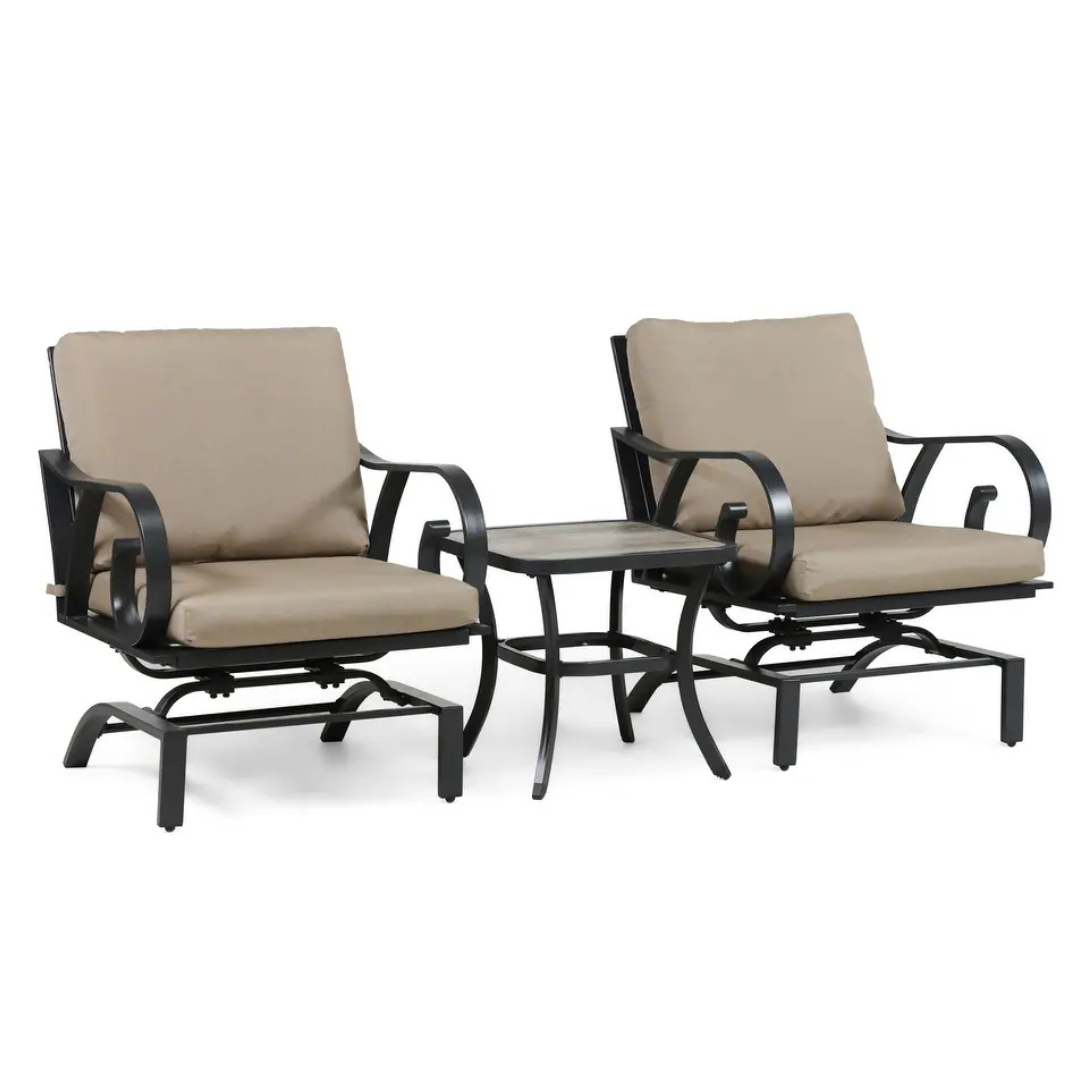 A 3-piece outdoor bistro set featuring two metal-frame chairs with beige cushions and a matching small square table, all in a dark finish. The chairs have curved armrests, and the table has a simple, classic design.