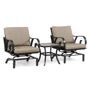 A 3-piece outdoor bistro set featuring two metal-frame chairs with beige cushions and a matching small square table, all in a dark finish. The chairs have curved armrests, and the table has a simple, classic design.