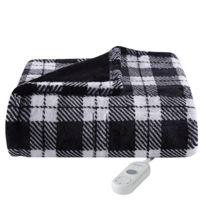 A black and white plaid electric blanket with a remote control.