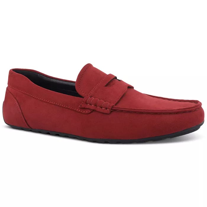 Red suede penny loafer with a penny strap and a low-profile, black rubber sole.