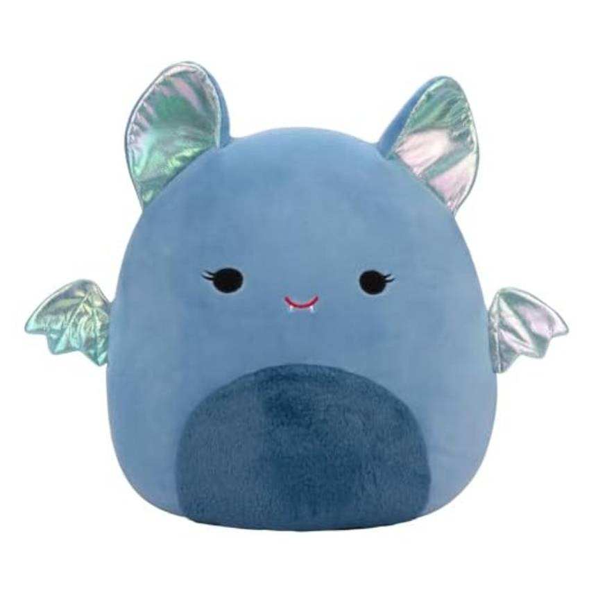 A 14-inch blue bat Squishmallow with shiny, iridescent wings and ears, featuring a cute face with small fangs and a soft, huggable texture.
