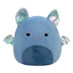 A 14-inch blue bat Squishmallow with shiny, iridescent wings and ears, featuring a cute face with small fangs and a soft, huggable texture.