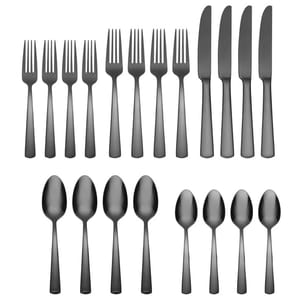 20-piece Oneida Aptitude Flatware Set in black includes 4 dinner forks, 4 salad forks, 4 dinner knives, 4 dinner spoons, and 4 teaspoons. The set is designed with a matte finish for a sleek, modern look.
