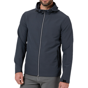 Dark gray 32 Degrees Performax Jacket, features a full zip front, adjustable hood, and zipped side pockets. Ideal for outdoor wear with a sleek and functional design.