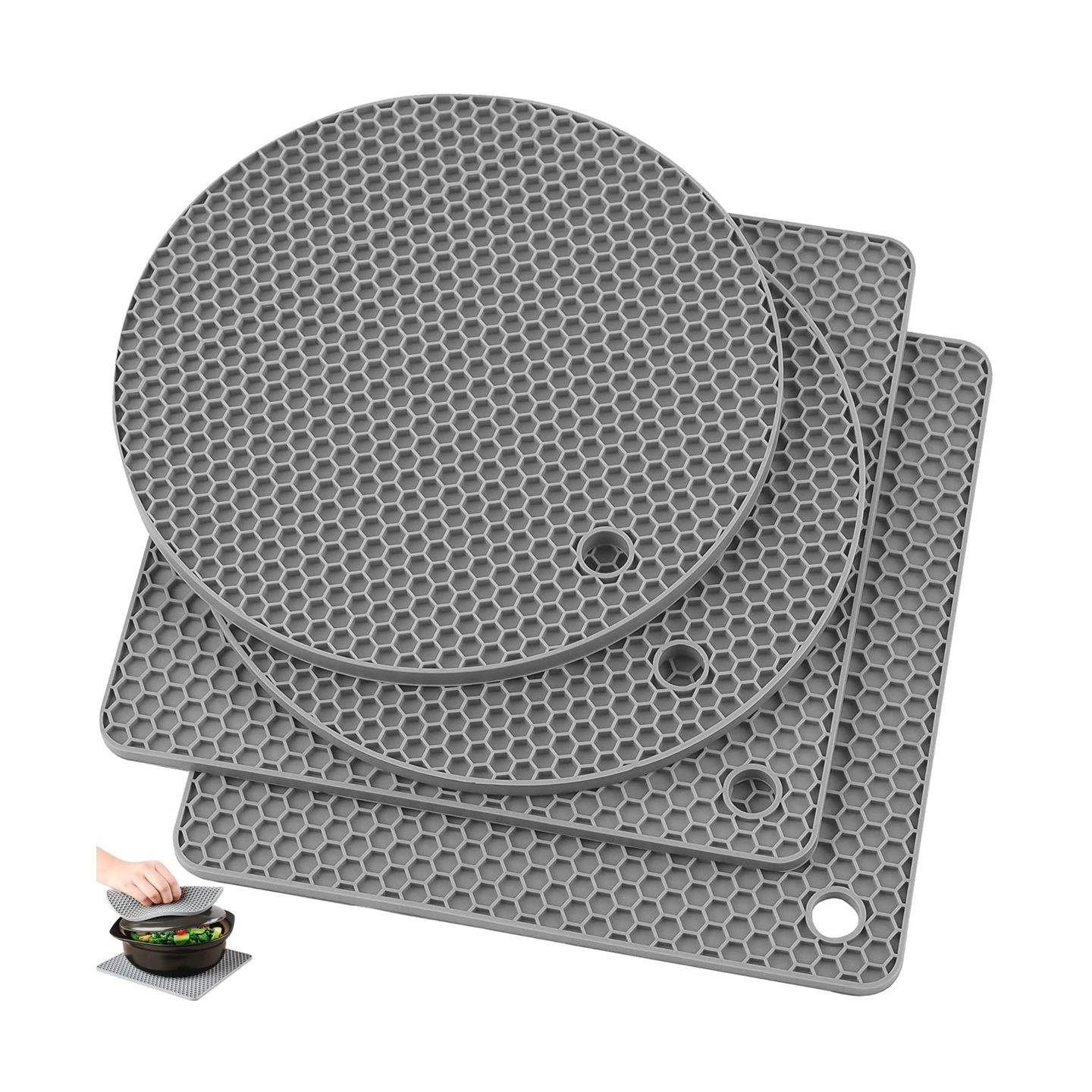 Silicone heat-resistant mats with a honeycomb pattern, featuring both round and square shapes. Used for handling hot items or as trivets.