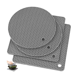Silicone heat-resistant mats with a honeycomb pattern, featuring both round and square shapes. Used for handling hot items or as trivets.