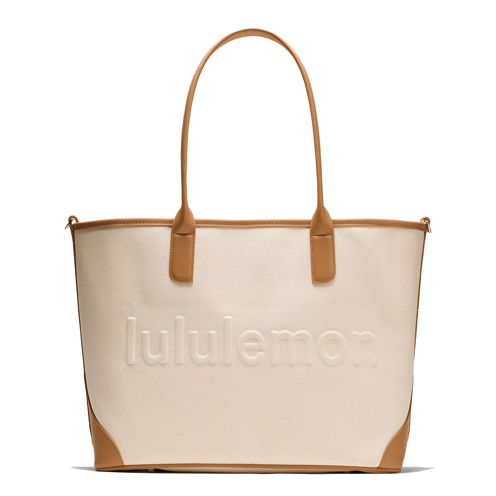 A stylish cream tote bag with tan leather accents, featuring the \“lululemon\“ logo embossed on the front.