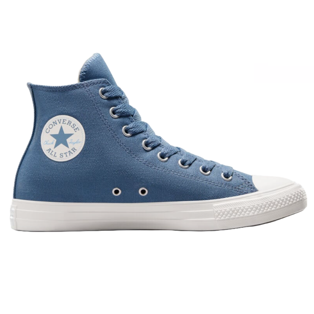 Blue high-top Converse All Star sneakers with a white rubber sole, white rounded toe cap, and metal eyelets. Features the classic circular \“Chuck Taylor All Star\“ logo on the ankle area.