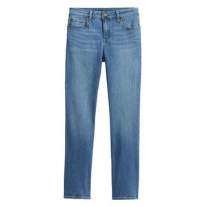 Light blue denim jeans with a classic five-pocket design and a button-zip closure.