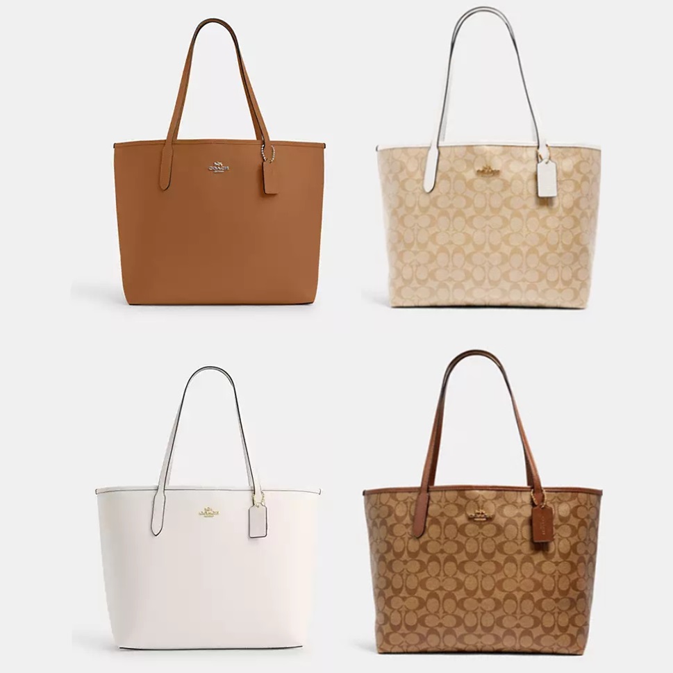 Four tote bags in solid tan, white, and two patterned with a monogram print.