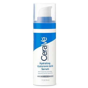 CeraVe Hydrating Hyaluronic Acid Serum, 1 fl oz (30 ml) bottle, features three essential ceramides, hyaluronic acid, and vitamin B5 with MVE delivery technology, designed for hydration and skin restoration.