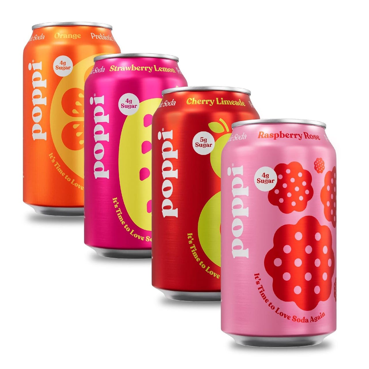 Four colorful cans of Poppi soda in orange, strawberry lemon, cherry limeade, and raspberry rose flavors are displayed. Each can is labeled with its sugar content, ranging from 4g to 5g.