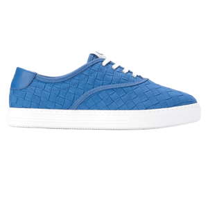 A blue sneaker with a textured, crisscross pattern, white laces, and a white sole.