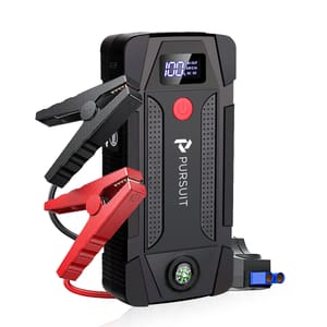 A compact, portable jump starter with red and black clamps, featuring an LED display, power button, and a built-in compass. The brand name \“PURSUIT\“ is printed on the front.