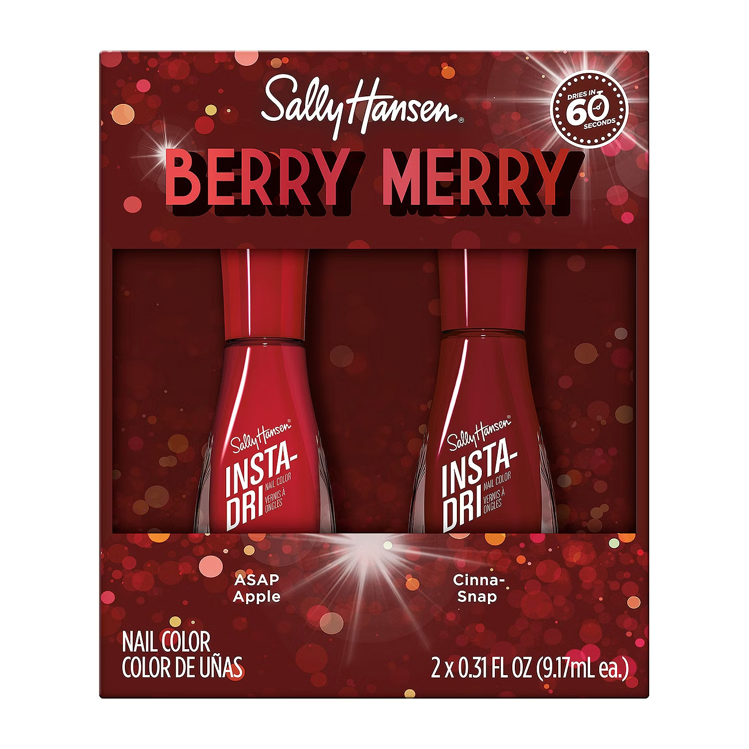 Two bottles of Sally Hansen Insta-Dri nail polish in shades ASAP Apple and Cinna-Snap, presented in a festive red and sparkly package.
