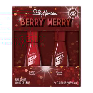 Two bottles of Sally Hansen Insta-Dri nail polish in shades ASAP Apple and Cinna-Snap, presented in a festive red and sparkly package.