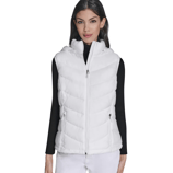 White puffer vest with a front zipper and zippered side pockets, worn over a black long-sleeve top.