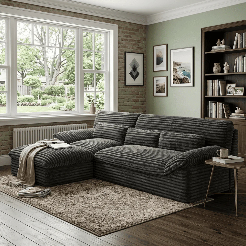 A cozy room features a gray corduroy sectional sofa with a chaise, a patterned rug, a wooden side table with books and a mug, and a view of a landscaped garden through large windows. The wall has framed art, and a bookshelf is filled with books and decor items.