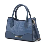 Blue handbag with a crocodile texture, featuring dual handles, a detachable shoulder strap, and gold-tone hardware.