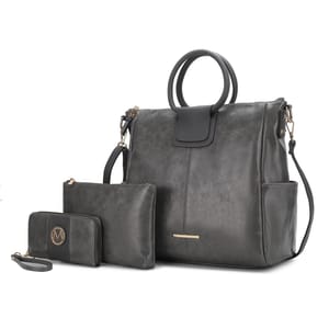 A stylish green handbag set including a large tote with circular handles, an adjustable shoulder strap, a medium-sized zippered pouch, and a matching wallet.