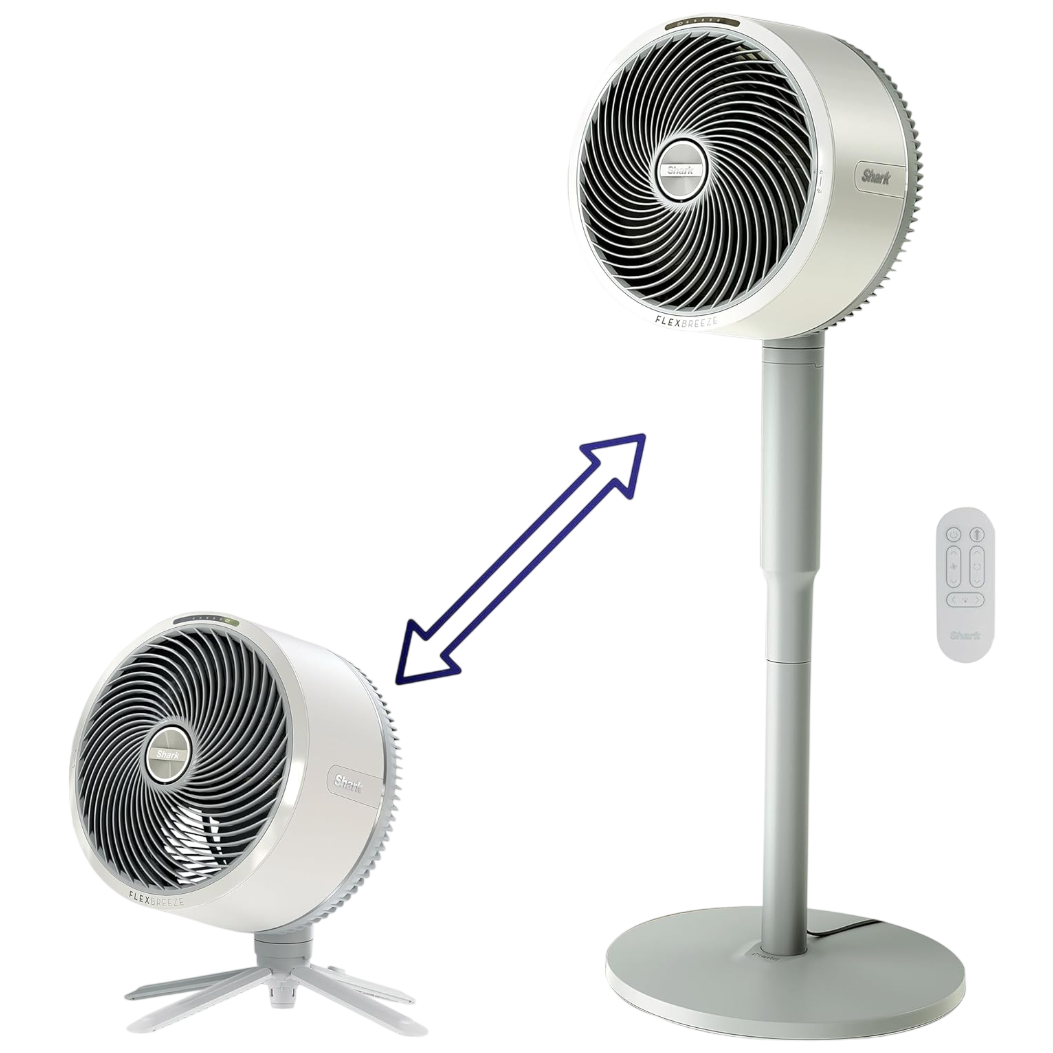 Fan with adjustable height feature, showing a transition from a table fan with tripod legs to a full-standing fan with remote control.