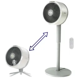 Fan with adjustable height feature, showing a transition from a table fan with tripod legs to a full-standing fan with remote control.