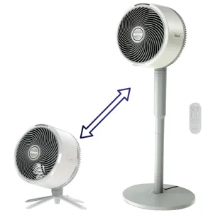 Fan with adjustable height feature, showing a transition from a table fan with tripod legs to a full-standing fan with remote control.