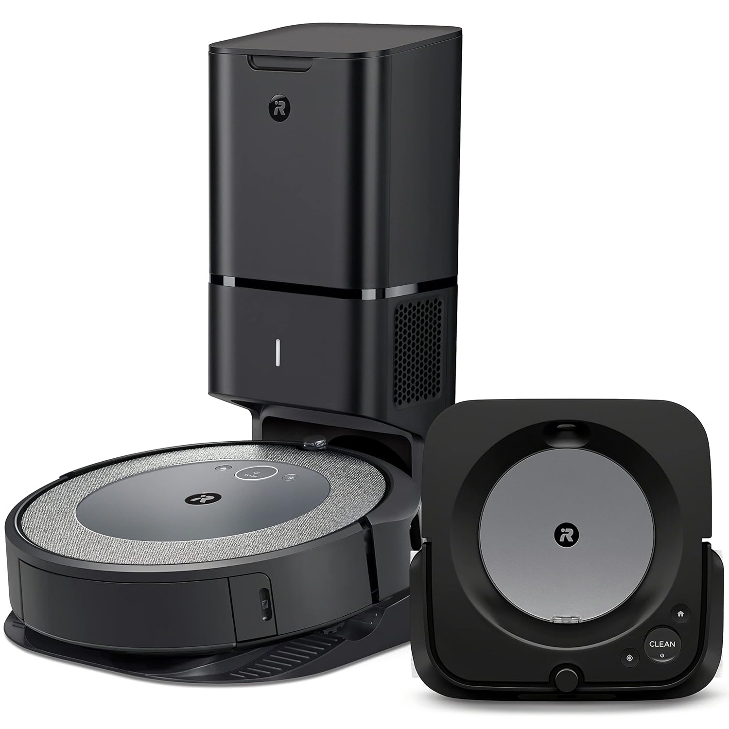 iRobot Roomba + Robot Mop Bundle includes a round robotic vacuum with a charging base and a square-shaped robot mop. Both are designed for automated cleaning, with the vacuum also featuring an automatic dirt disposal unit.