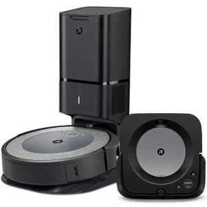 iRobot Roomba + Robot Mop Bundle includes a round robotic vacuum with a charging base and a square-shaped robot mop. Both are designed for automated cleaning, with the vacuum also featuring an automatic dirt disposal unit.