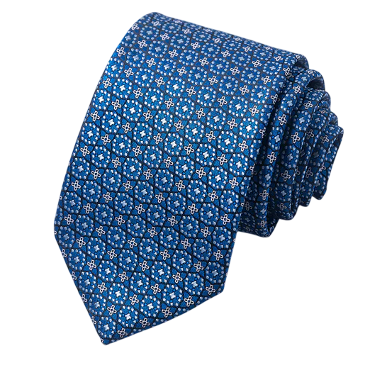 A blue silk tie with a small floral geometric pattern.