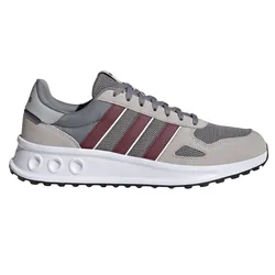 A gray sneaker featuring burgundy and white stripes, with a cushioned white sole and textured upper material.