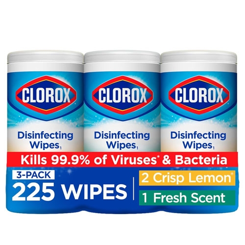 Three-pack of Clorox disinfecting wipes with the scents Crisp Lemon and Fresh Scent, claiming to kill 99.9% of viruses and bacteria.