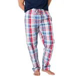 Plaid pajama pants in red, blue, and white with a drawstring waist, worn by a person barefoot.