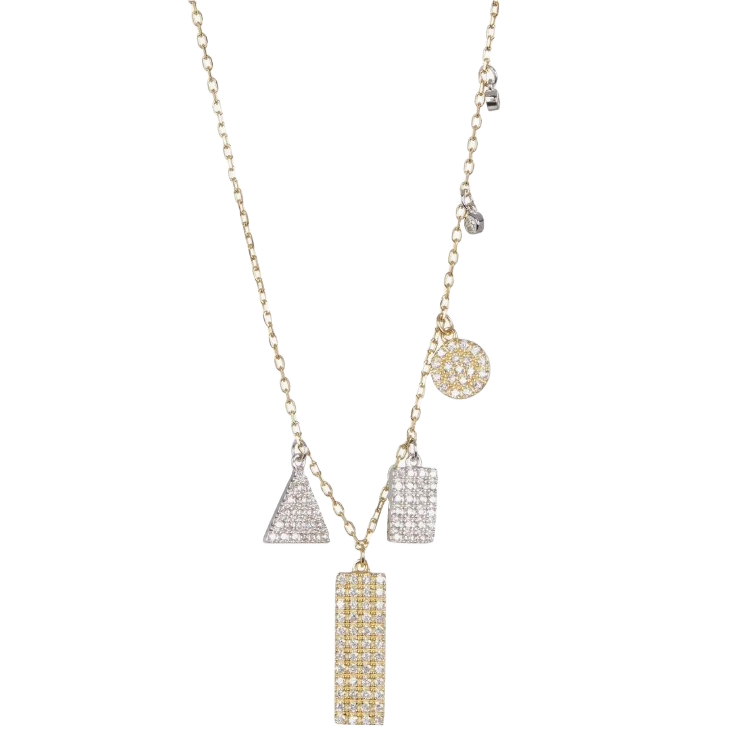 The Adornia Swarovski Necklace features a gold chain with geometric pendants: a yellow rectangle, a white triangle, a white rectangle, and a round charm, all embellished with Swarovski crystals.