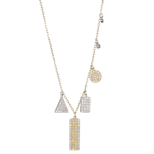 The Adornia Swarovski Necklace features a gold chain with geometric pendants: a yellow rectangle, a white triangle, a white rectangle, and a round charm, all embellished with Swarovski crystals.