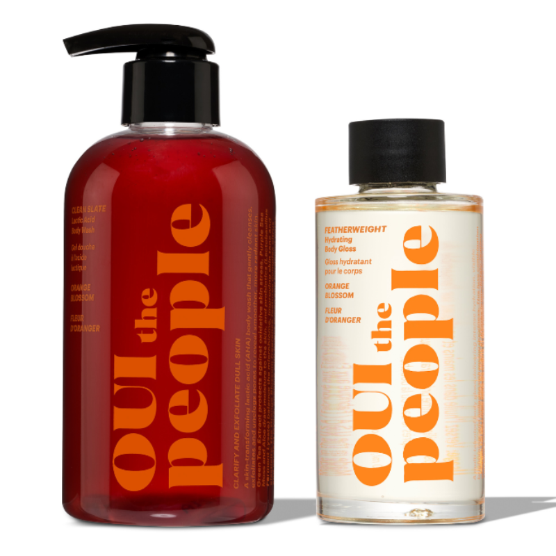 OUI The People Glow Essentials 2pc set includes Clean Slate Lactic Acid Body Wash and Featherweight Hydrating Body Gloss, both featuring orange blossom scent.