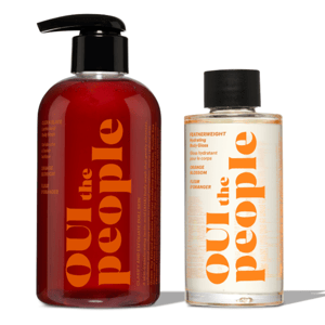 OUI The People Glow Essentials 2pc set includes Clean Slate Lactic Acid Body Wash and Featherweight Hydrating Body Gloss, both featuring orange blossom scent.