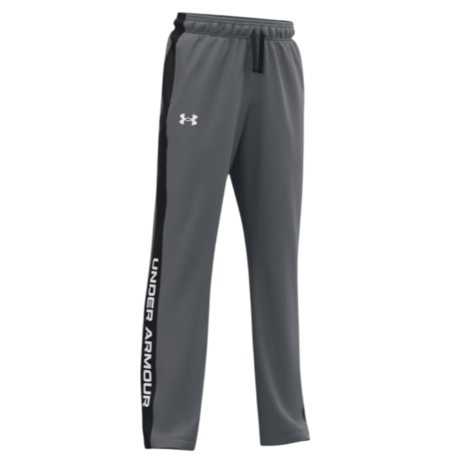 Gray Under Armour track pants featuring a black side stripe and the logo on the left thigh. Elastic waistband with drawstring and \“Under Armour\“ text along the side of the leg.