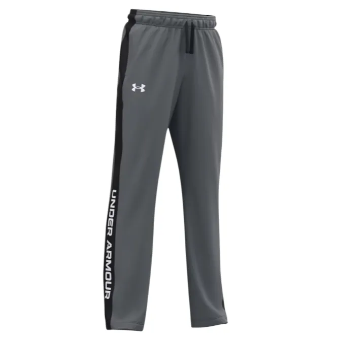 Gray Under Armour track pants featuring a black side stripe and the logo on the left thigh. Elastic waistband with drawstring and \“Under Armour\“ text along the side of the leg.