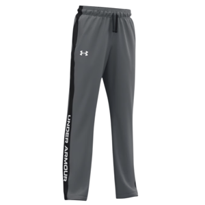 Gray Under Armour track pants featuring a black side stripe and the logo on the left thigh. Elastic waistband with drawstring and \“Under Armour\“ text along the side of the leg.
