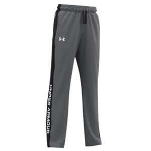 Gray Under Armour track pants featuring a black side stripe and the logo on the left thigh. Elastic waistband with drawstring and \“Under Armour\“ text along the side of the leg.
