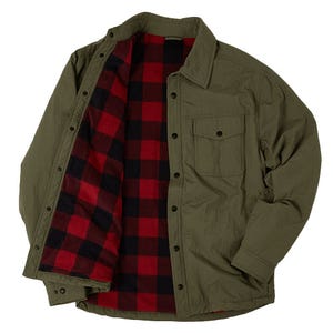 Olive green shirt jacket with a red and black plaid flannel lining and button closure, featuring a chest pocket.