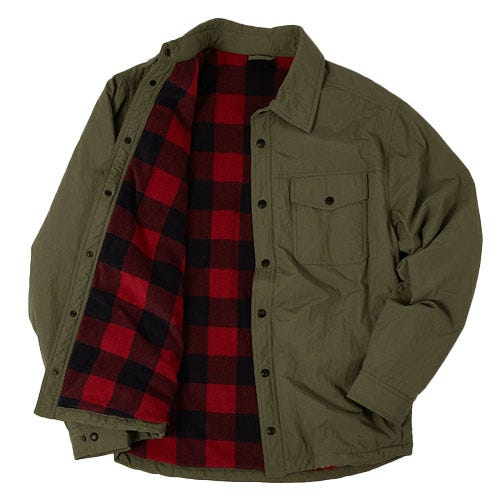 Olive green shirt jacket with a red and black plaid flannel lining and button closure, featuring a chest pocket.