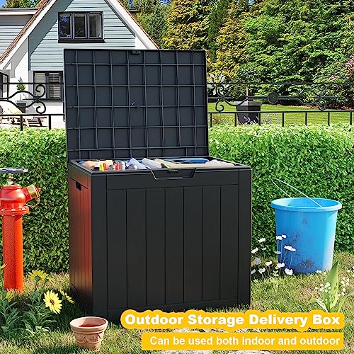 Outdoor storage box with an open lid, placed in a garden setting, suitable for both indoor and outdoor use.