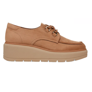 Tan platform shoe with a suede finish, lace-up design, and a chunky, textured sole.
