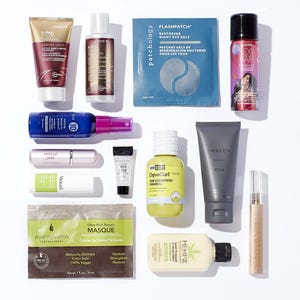 A collection of beauty and skincare products, including face masks, hair treatments, moisturizers, conditioners, and a deodorant spray. Brands shown are Josie, Patchology, Macadamia, and DevaCurl among others.