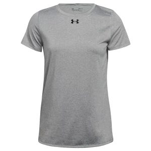 Gray Under Armour Women's Locker Tee with short sleeves, a round neckline, and the Under Armour logo on the chest.
