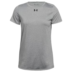 Gray Under Armour Women's Locker Tee with short sleeves, a round neckline, and the Under Armour logo on the chest.